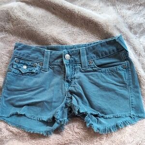 True Religion Teal/Blue Distressed Denim Jean Shorts